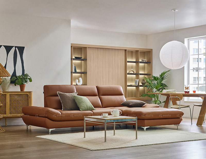 Sofa góc 3 chỗ tựa gật gù màu da bò E104