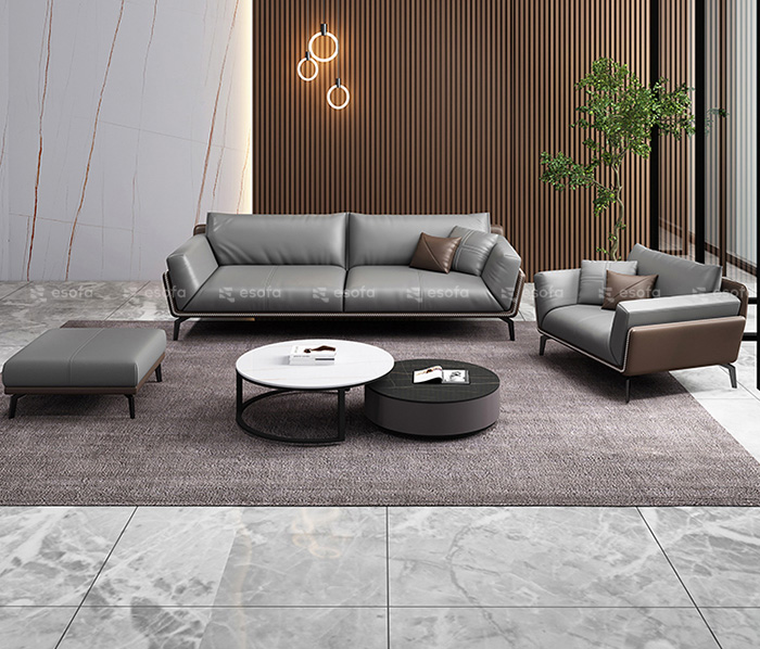 Bộ ghế sofa da màu xám hiện đại E513