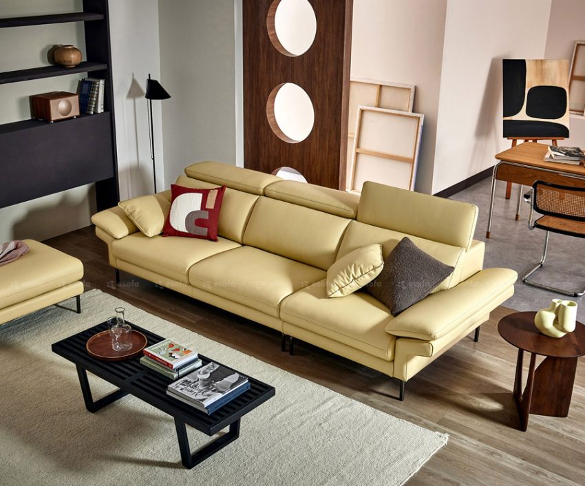 Bộ sofa văng da màu vàng tựa gật gù E20