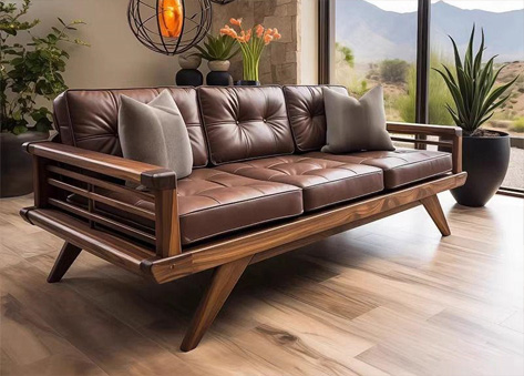 Sofa văng gỗ 3 chỗ cho đệm da EH17
