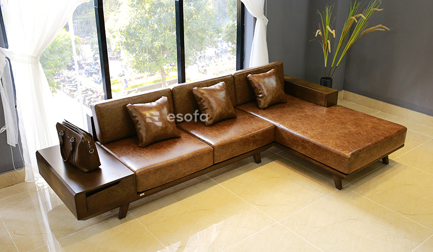 Sofa góc gỗ đệm da hiện đại EH12
