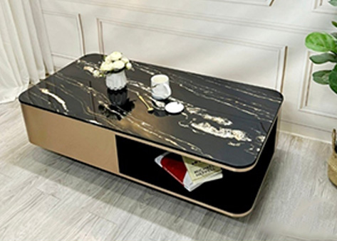 Bàn trà mặt đá đen vân mây vàng phối khung viền màu đồng EBC39