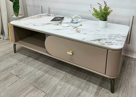 Bàn trà mặt đá vân mây trắng phối ngăn kéo màu Latte thanh lịch EBC36