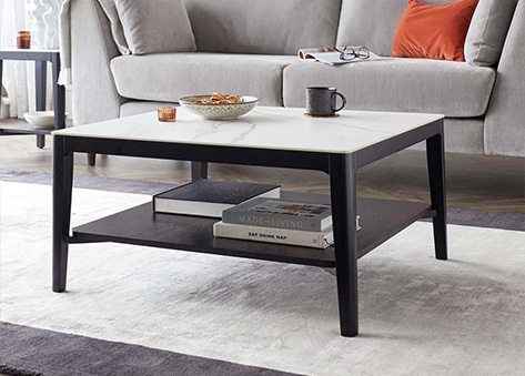 Bàn trà mặt đá vân mây trắng phối khung gỗ đen tối giản EBC45