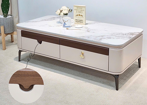 Bàn trà thiết kế bo góc tròn tinh tế với điểm nhấn viền gỗ nâu EBC51