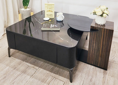 Bàn trà thiết kế bo góc tròn tinh tế với điểm nhấn viền gỗ nâu EBC52